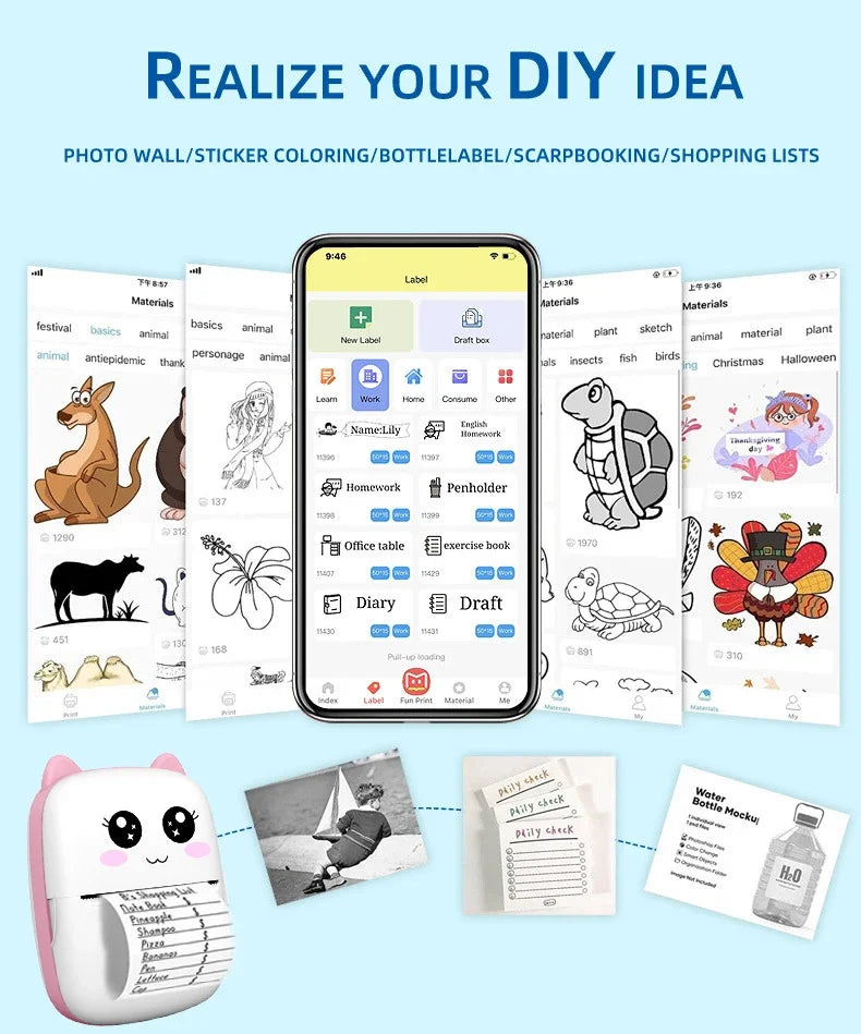 Impressora térmica portátil mini gato impressão foto bolso impressora de etiq